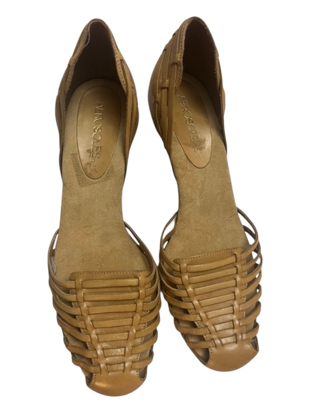 Aerosoles Tan Leather Woven Huarache Kitten Heel Sandal 8.5 Closed Back Peep Toe